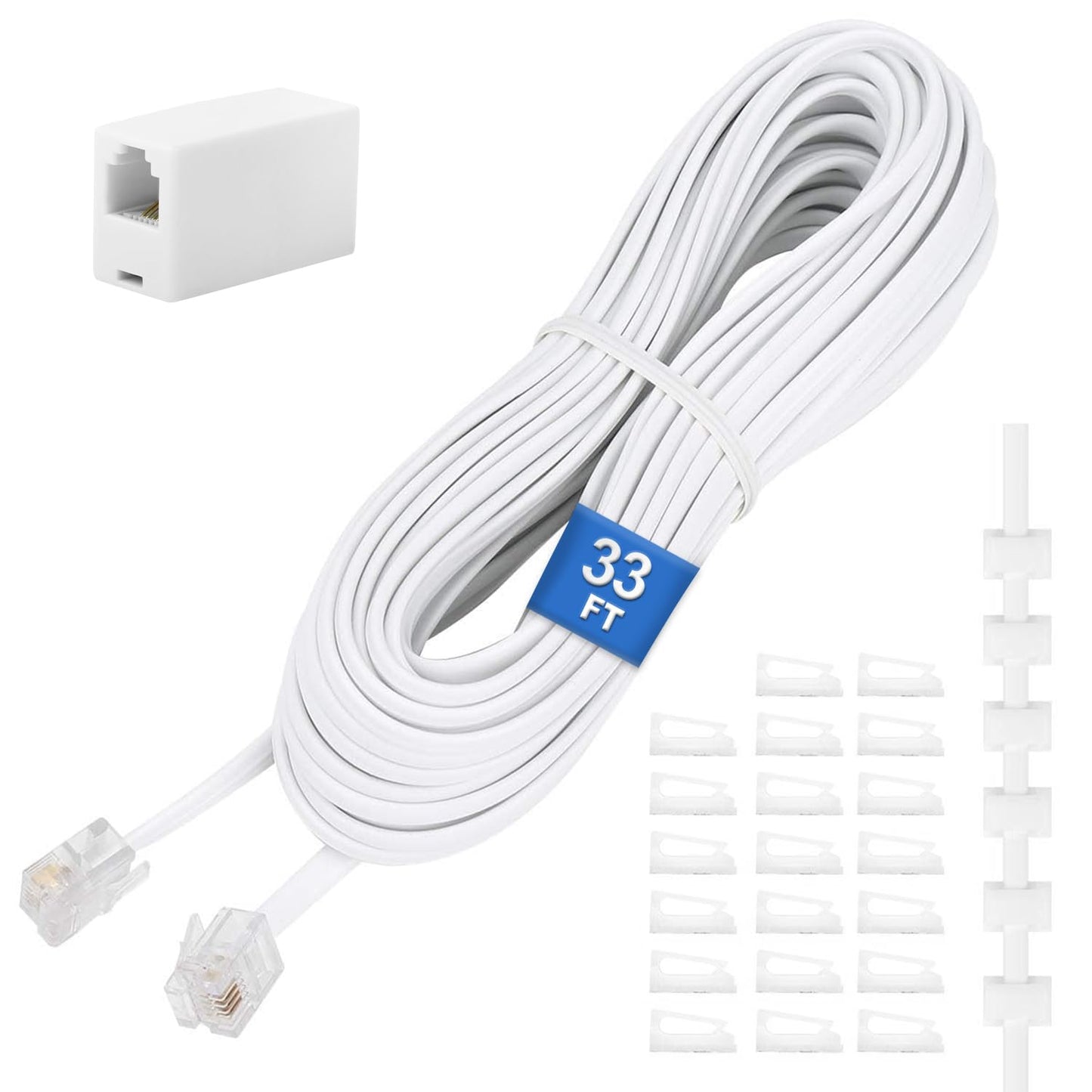 Uvital Phone Extension Cord 33Ft(10m), Telephone Cable with Standard RJ11 Plug and 1 in-Line Couplers and 20 Cable Clip Holders, White