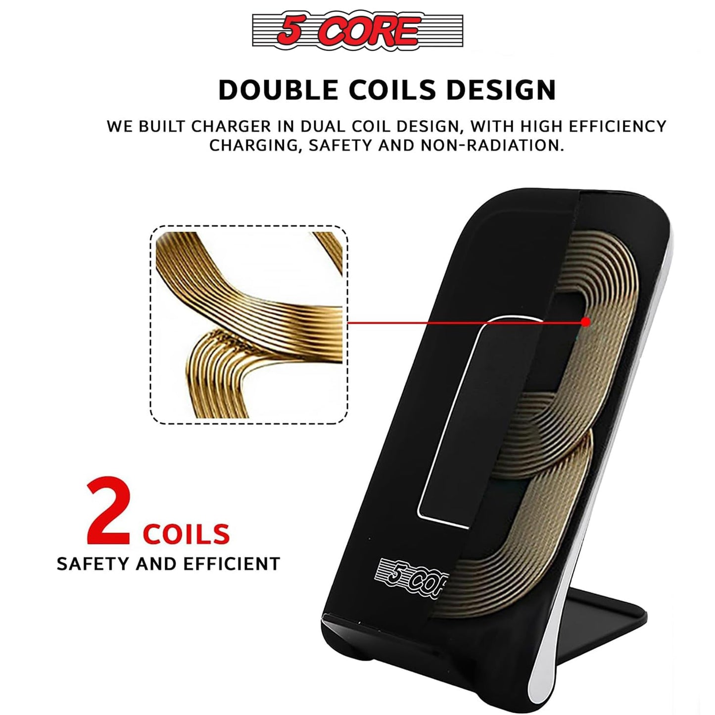 5 Core Fast Wireless Charging Stand 10W 2PCS w Adaptive Sleep Friendly Light Compatible with Smartphones - CDKW03