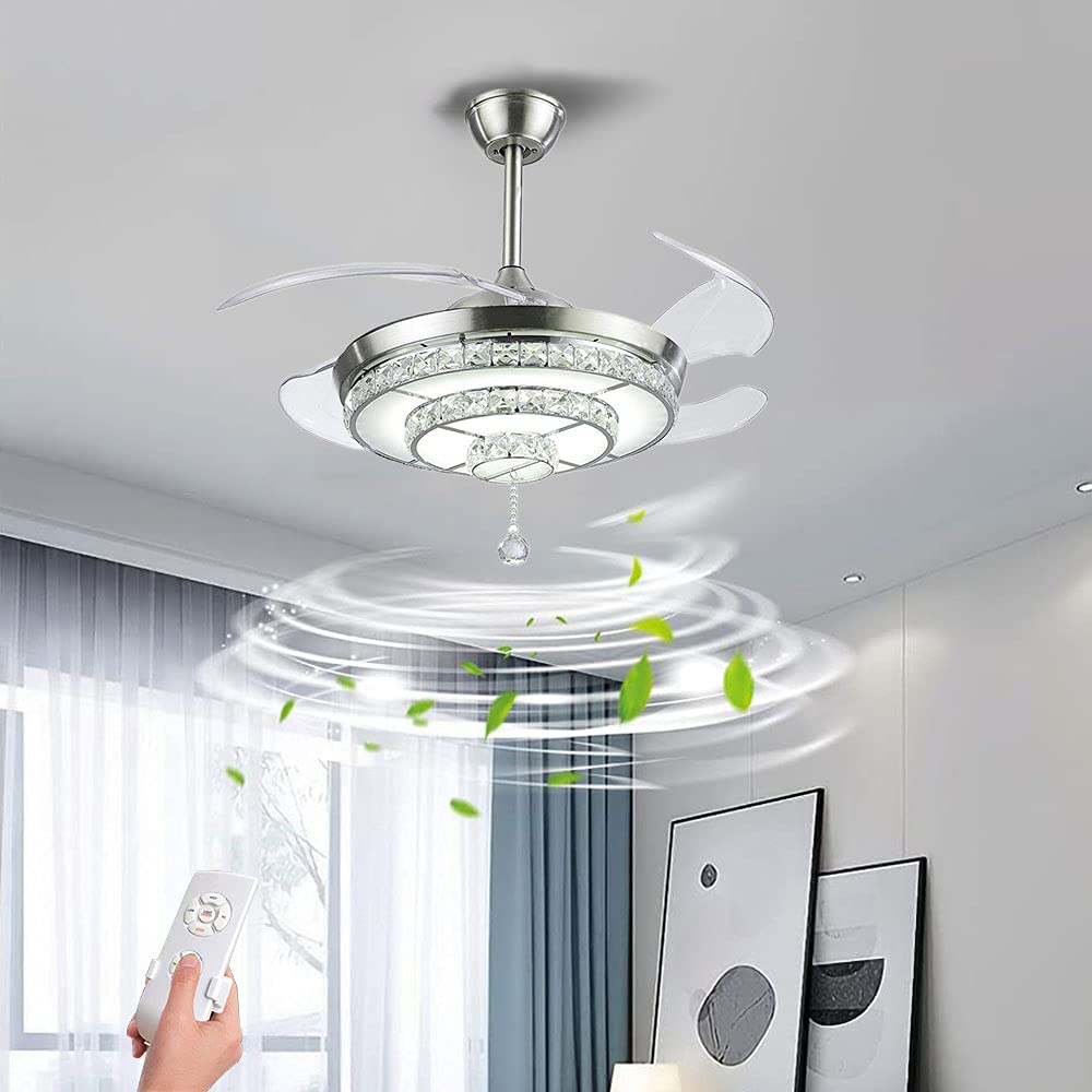 efperfect 42" Crystal Ceiling Fan with Light Retractable Blades Chrome Modern LED Chandelier Remote 3 Color Changes 3 Speeds Silent Ceiling Fans
