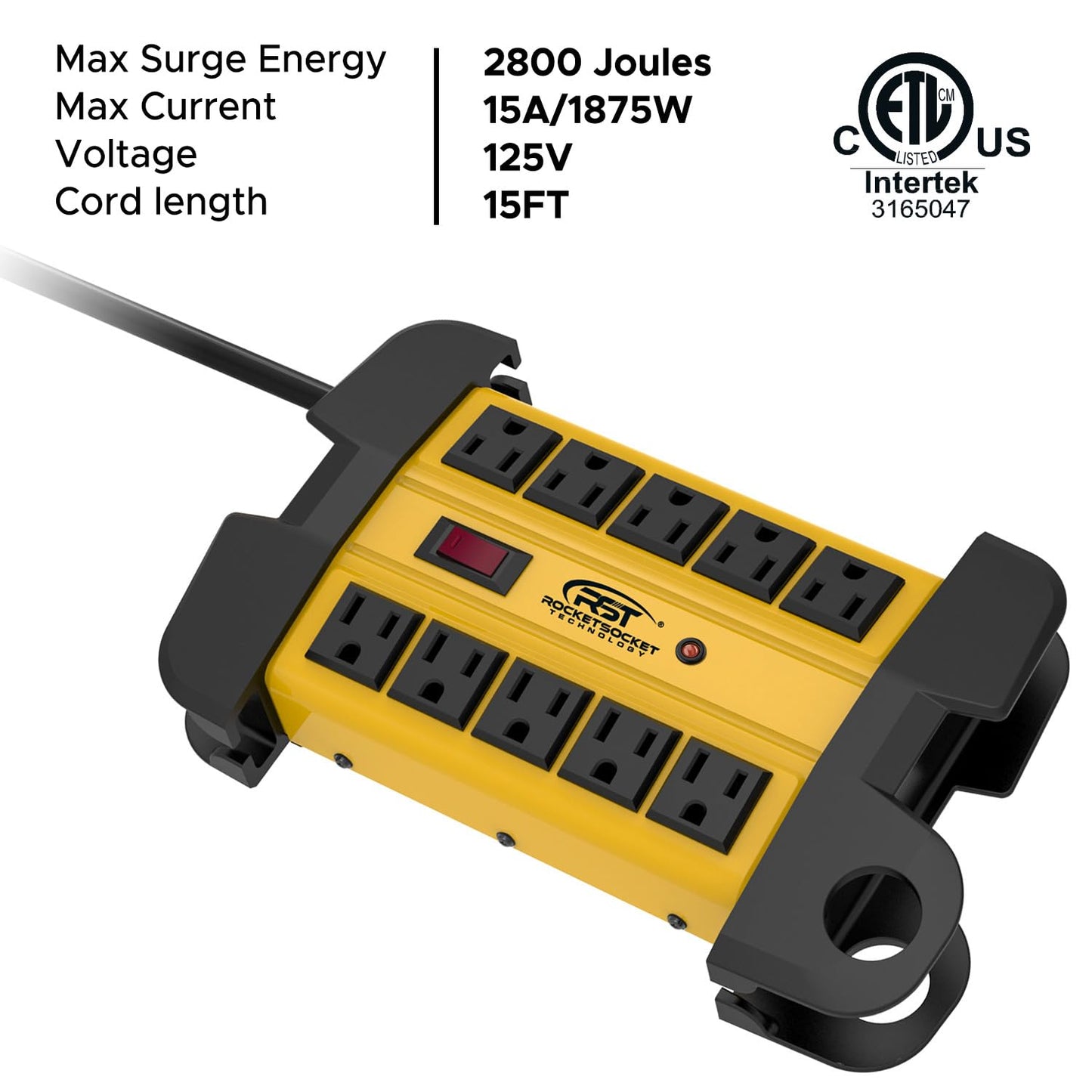 CRST 10-Outlets Heavy Duty Power Strip Metal Surge Protector with 15 Amps, 15-Foot Power Cord 2800 Joules for Garden, Kitchen, Office, School, ETL