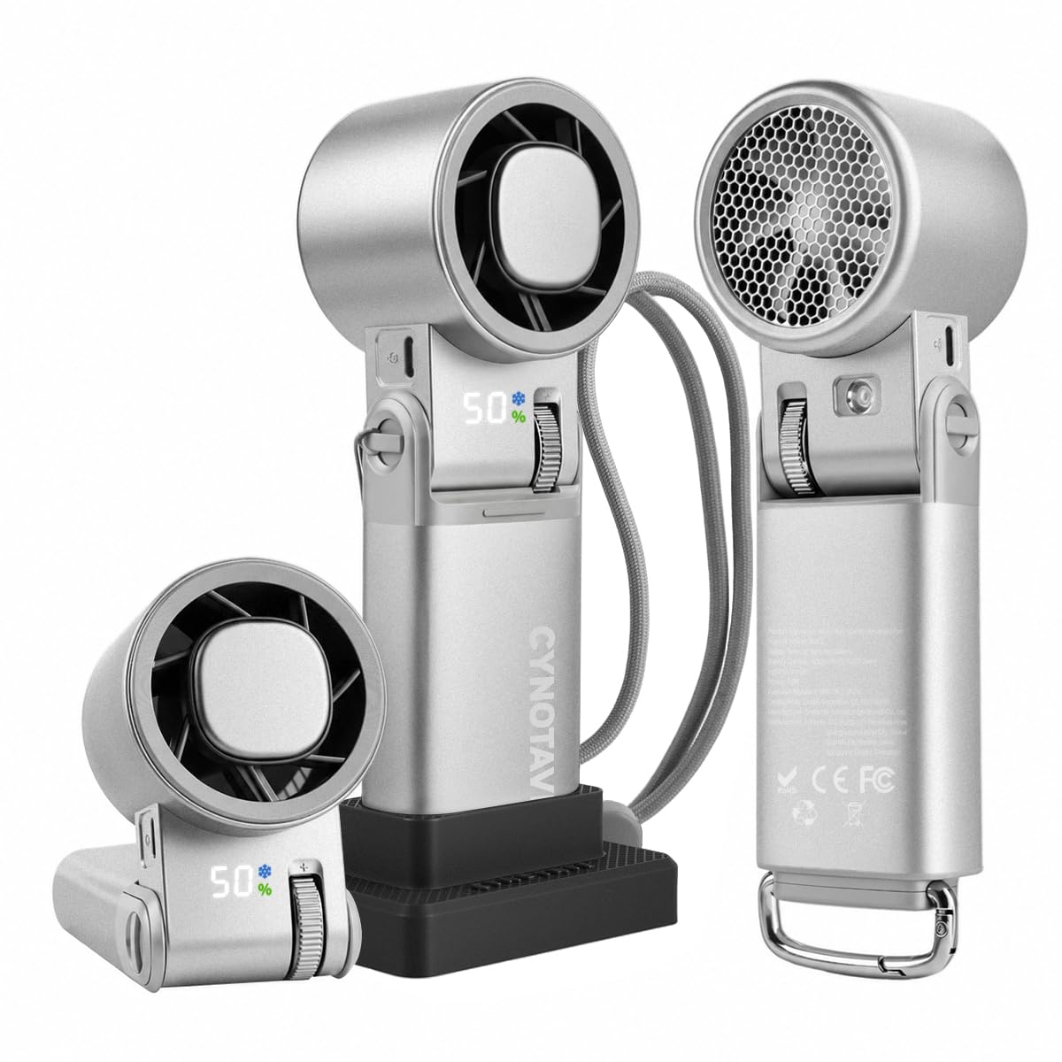 Cynotave Handheld Fan (Matte Silver-White With Base (Aluminium))