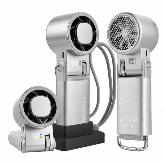 Cynotave Handheld Fan (Matte Silver-White With Base (Aluminium))