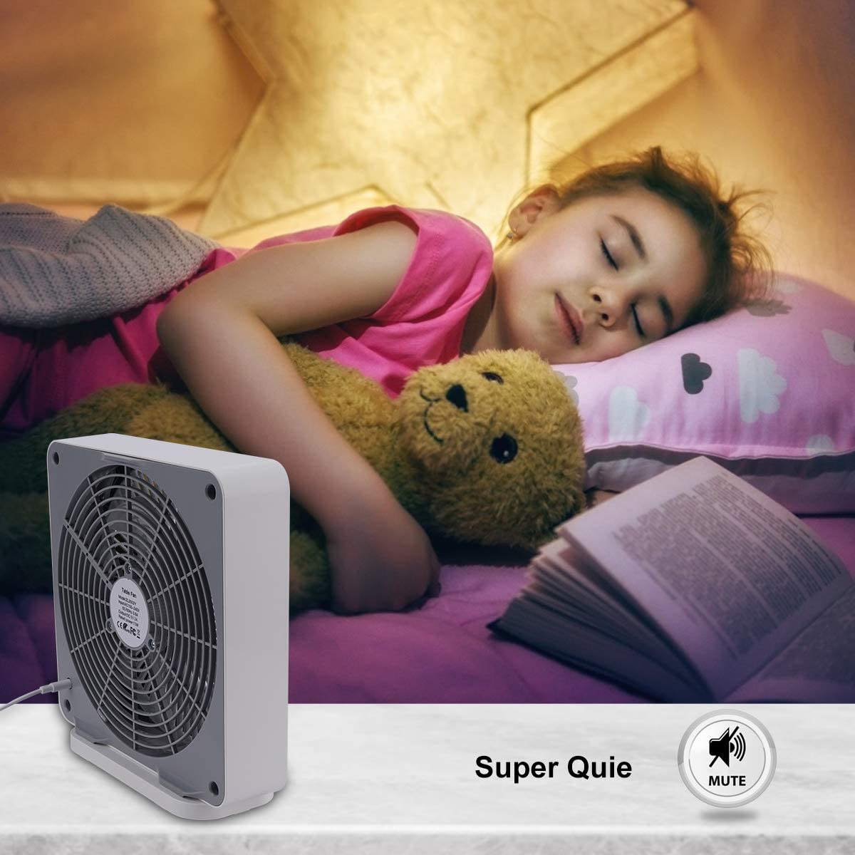 SONBION Small Box Fan, 10 inch Window Fan with 3 Speeds Strong Airflow, DC Adapter Square Table Fan for Office Bedroom Living Room Apartment, Quiet