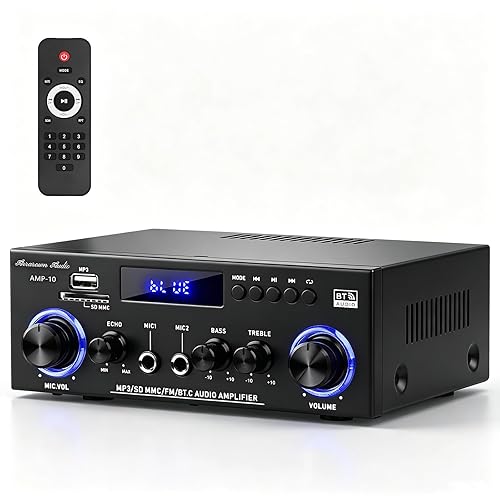 AMP-10 Bluetooth Amplifiers RMS 50WX2 Stereo Audio Amp Receivers for Home Speaker 2.0 Channel Max 600W Output Mini Power Amplifier w/FM Radio, Echo