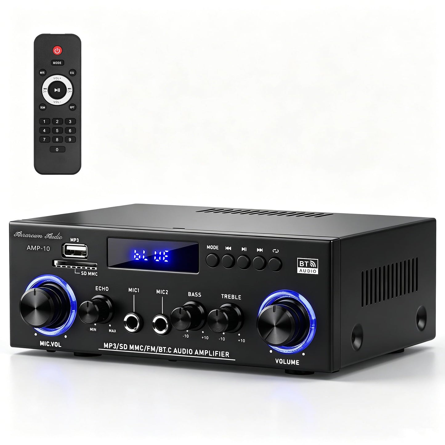 AMP-10 Bluetooth Amplifiers RMS 50WX2 Stereo Audio Amp Receivers for Home Speaker 2.0 Channel Max 600W Output Mini Power Amplifier w/FM Radio, Echo