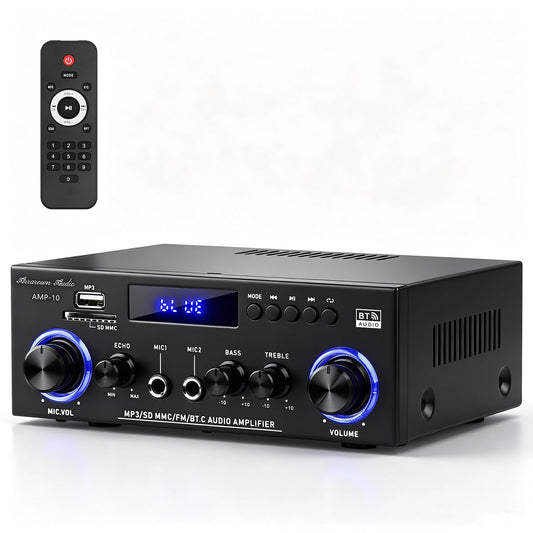 AMP-10 Bluetooth Amplifiers RMS 50WX2 Stereo Audio Amp Receivers for Home Speaker 2.0 Channel Max 600W Output Mini Power Amplifier w/FM Radio, Echo