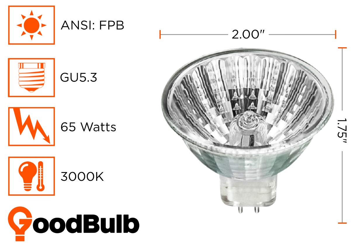 GoodBulb 65 Watt Halogen MR16 Light Bulb 65W GU5.3 Base 12V ANSI Code FPB High Output Halogen Light 3000K Soft White Light Color Clear Finish 2000
