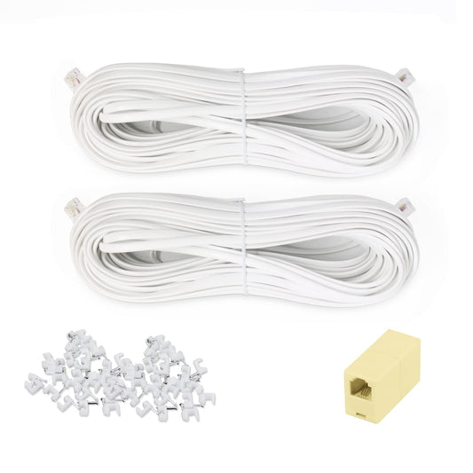 2PACK Color 50Ft Phone Extension Cords Male to Male Telephone Flat Cord with Standard RJ11 6P4C Plug and 1 in-Line Coupler 50PCS Cable Clamp Holders