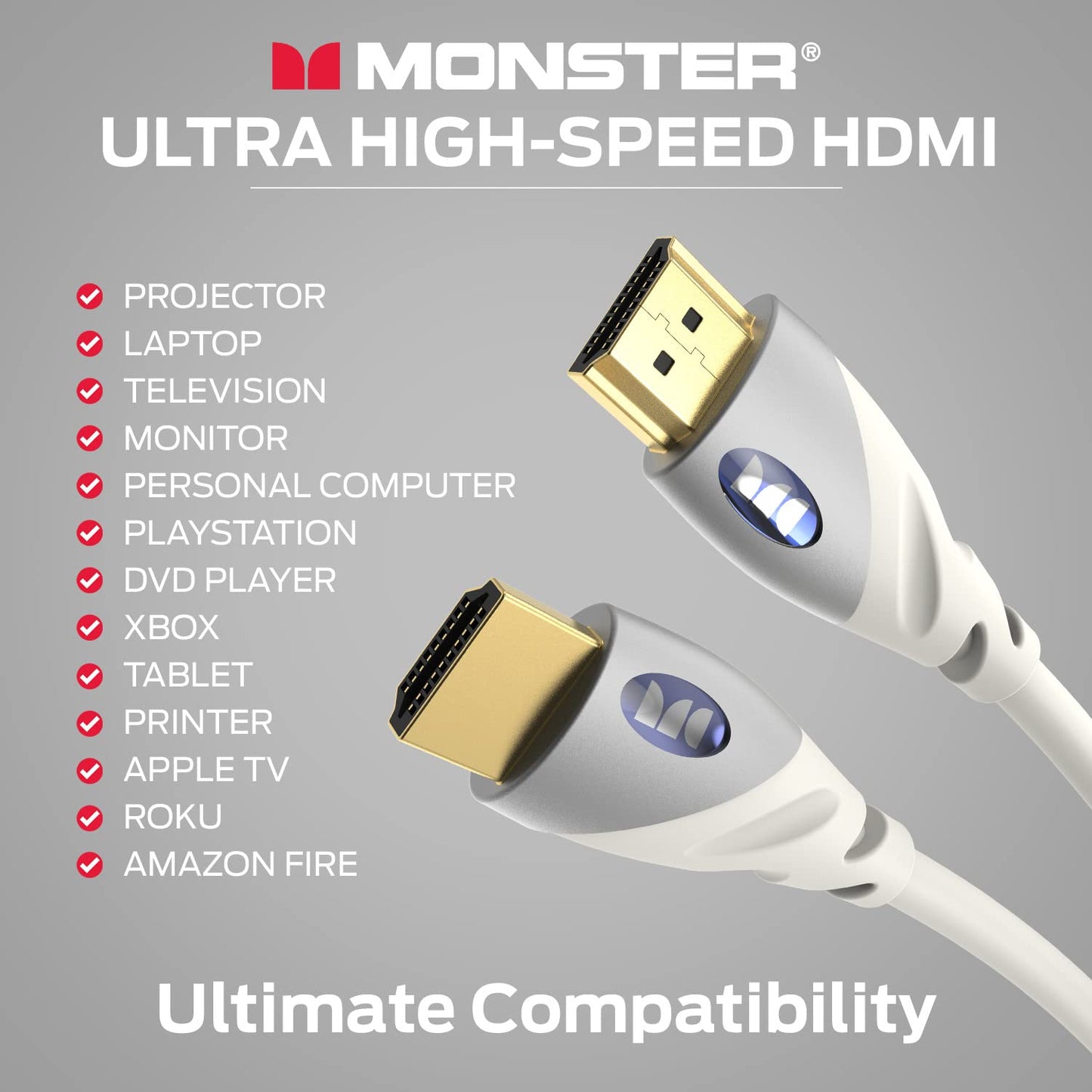 Monster HDMI Cable 4k Ultra HD with Ethernet - Corrosion-Resistant 24k Rose Gold Contacts and V-Grip Connection - HDMI Cable for PS3 and Computer