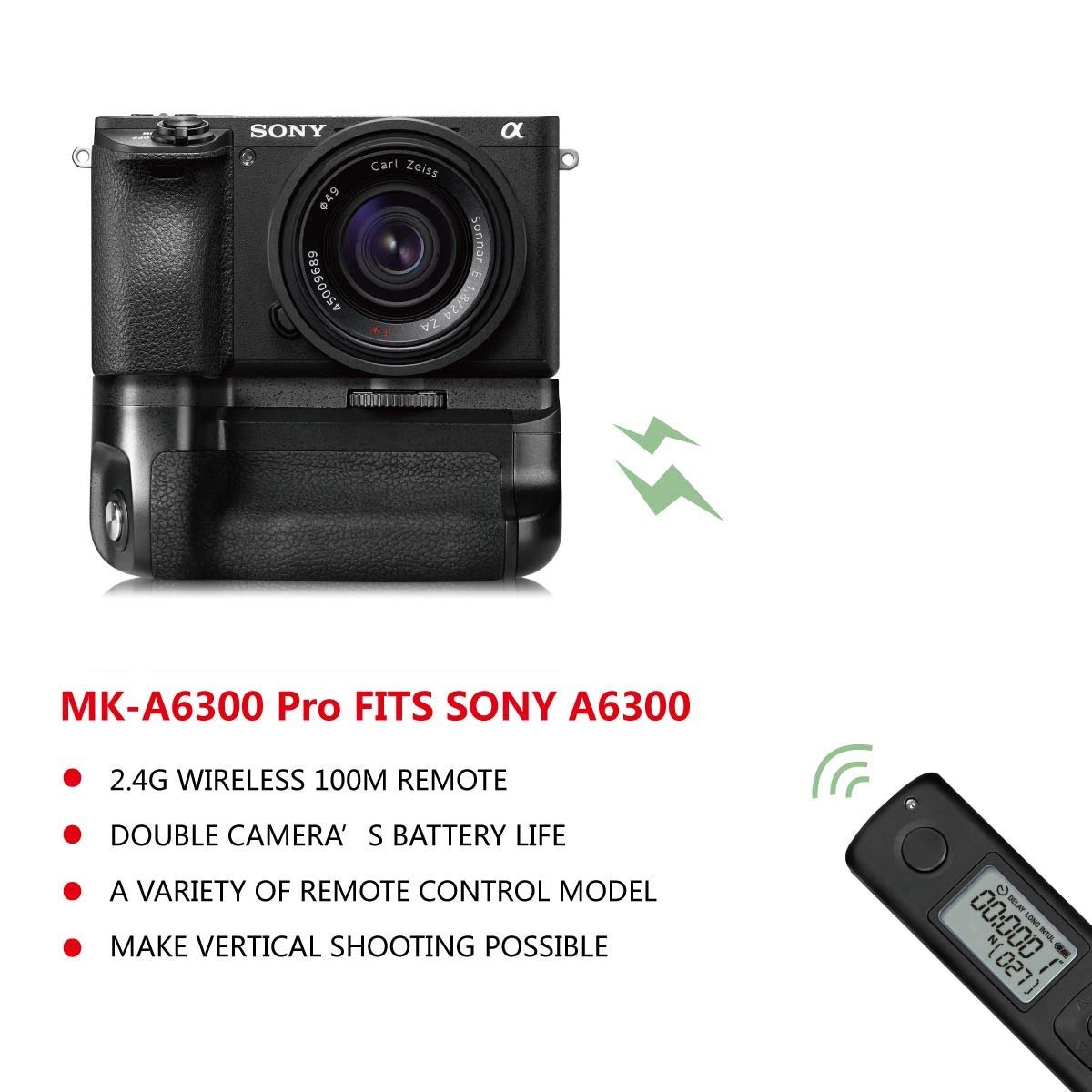 Meike A6300 Battery Grip, A6400 Battery Grip, A6000 Battery Grip, MK-A6300 Pro Built-in Battery Handle 2.4GHZ Remote Controller Up to 100M to Control