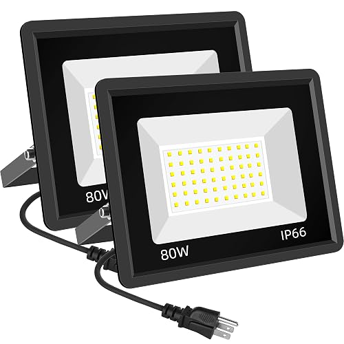 Sunkkes 2 Pack 80W LED Flood Light Outdoor, 9600LM Super Bright FloodLight with Plug, 5000K Daylight White IP66 Waterproof Commercial Lighting