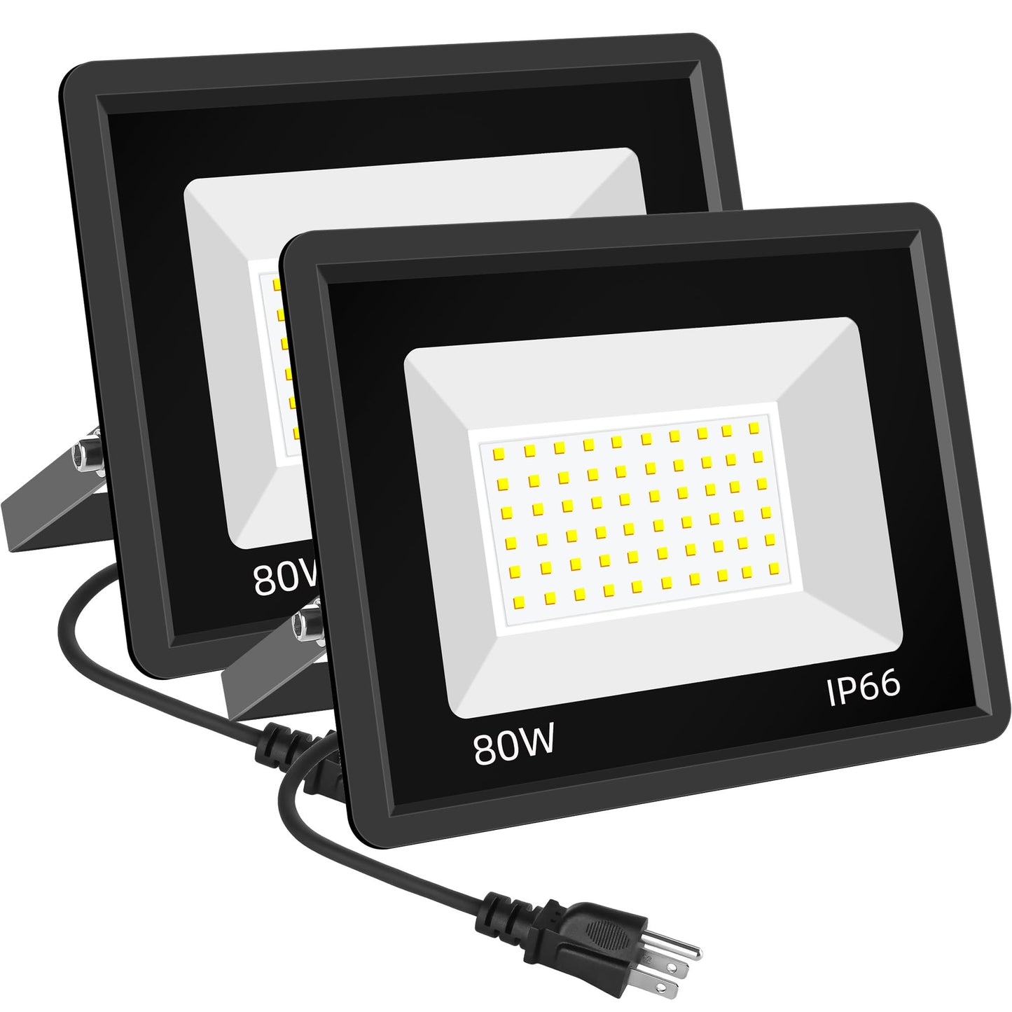 Sunkkes 2 Pack 80W LED Flood Light Outdoor, 9600LM Super Bright FloodLight with Plug, 5000K Daylight White IP66 Waterproof Commercial Lighting