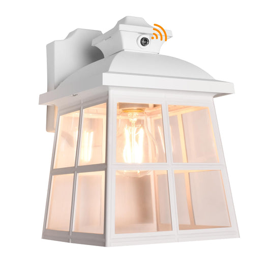 FUDESY Dusk to Dawn LED Outdoor Wall Lantern,White Plastic Photocell Sensor Porch Light with 8W 800LM Edison Filament Bulb,Exterior Wall Mount Light