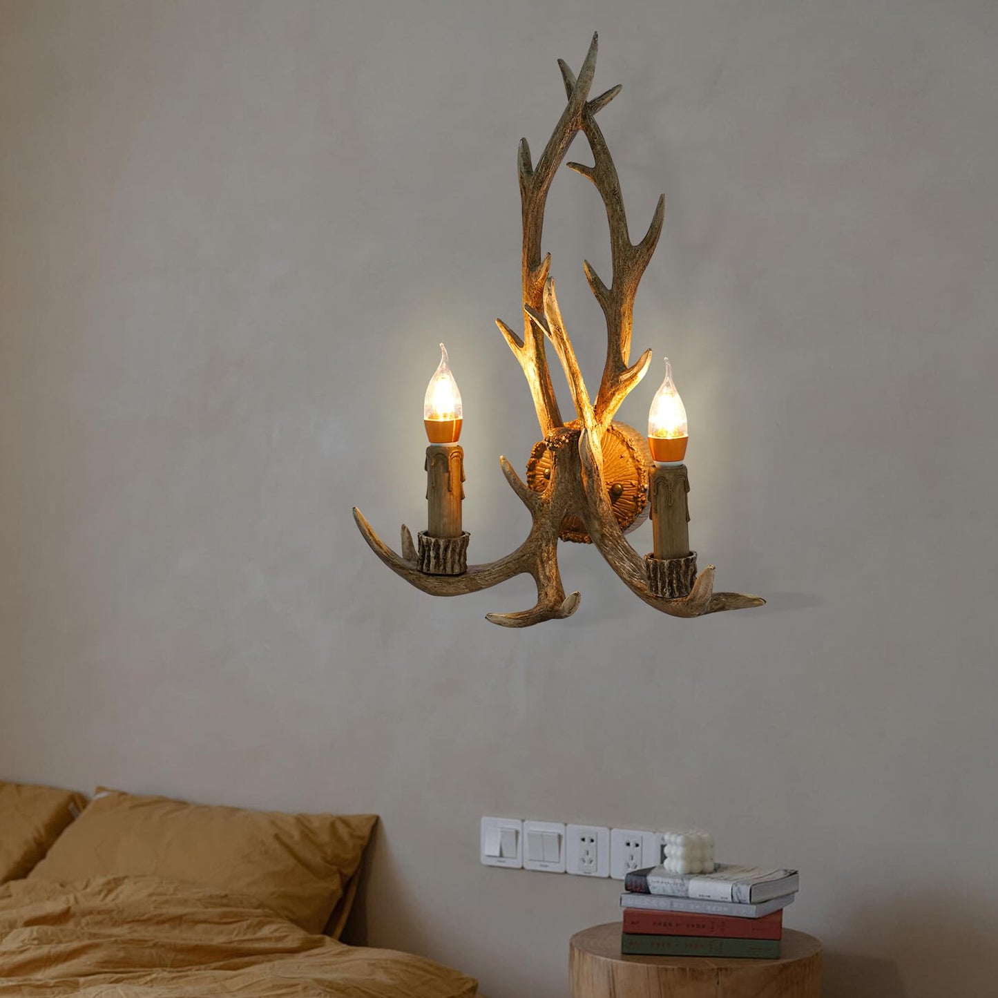 Mahugde Vintage Deer Antler Wall Light 110V Farmhouse Candle Light Rustic Country Style Farmhouse Wall Light with E14 Base for Bedroom Bathroom