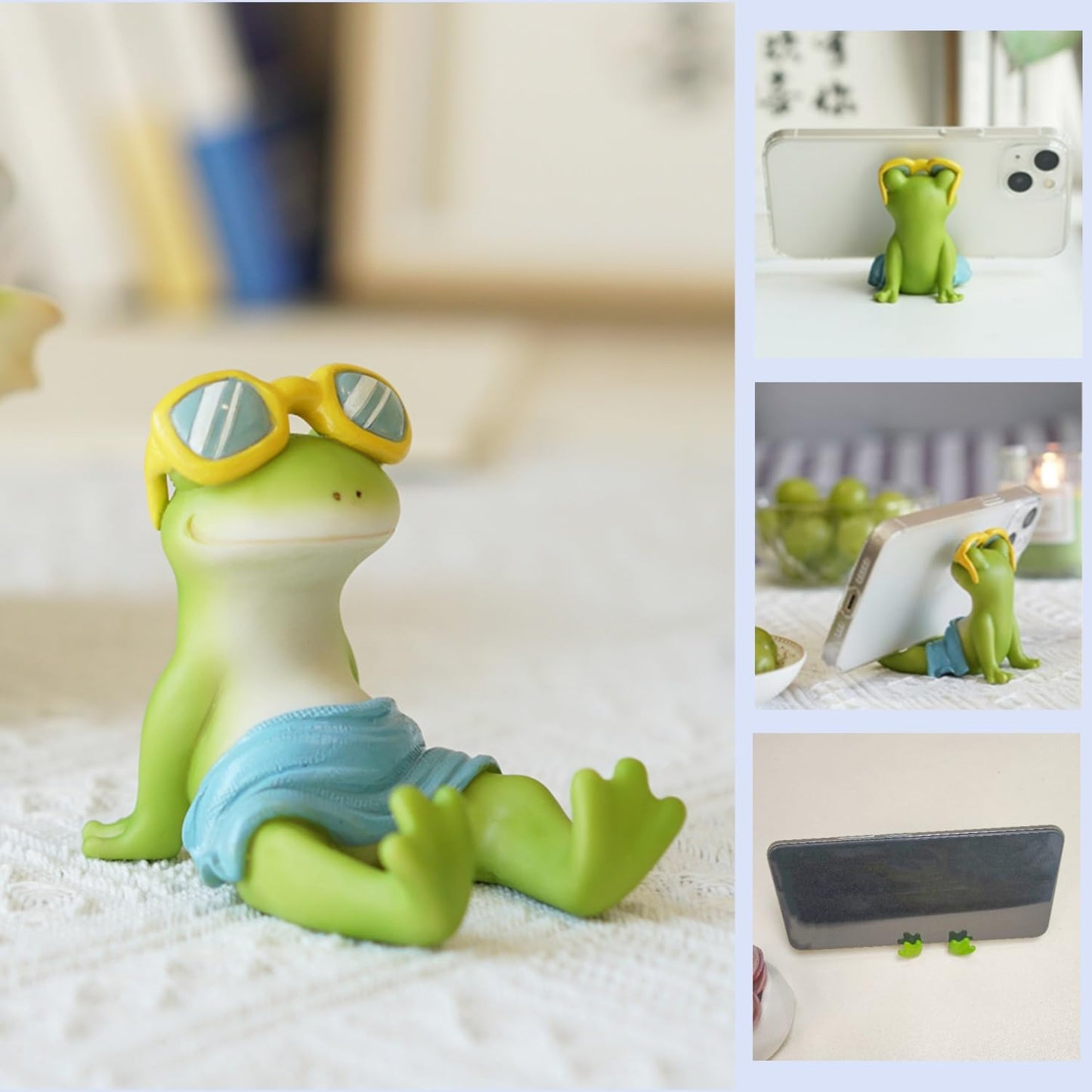 IZKOOKE Cute Frog Phone Holder with 6 Anti-Slip Pads, Resin Cell Phone Stand Kawaii Animal Desk Phone Holder Universal Fit Smart Mobile Phones Stand