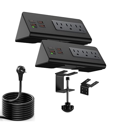 Upgraded Version Edge Mount Power Strip with USB-C Ports Tabletop Surge Protector Desk Clamp Power Sockets with 3 AC Outlets &4 Fast Charging USB