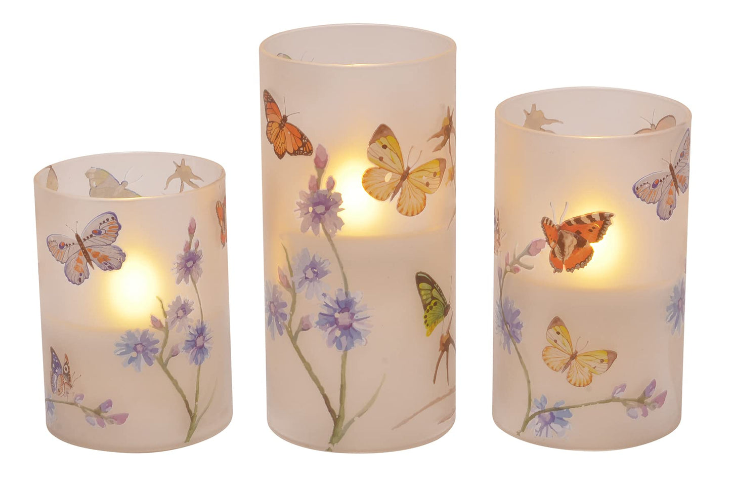 Mark Feldstein & Associates Butterflies and Wildflowers Flameless LED Glass Pillar Candles, Set of 3, 6 Inch