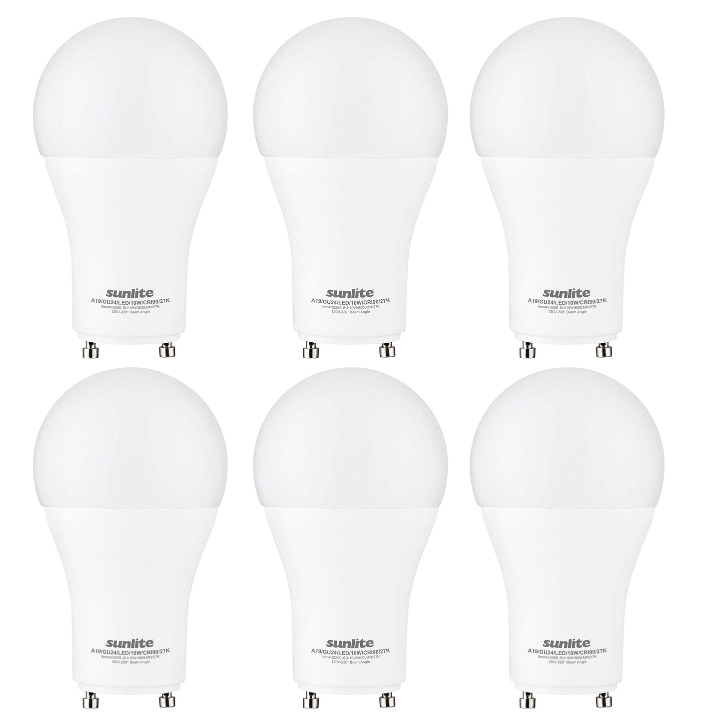 Sunlite A19 GU24 Dimmable Light Bulb, 9 Watts (60W Equivalent) 800 Lumens, 2 Prong LED Twist and Lock Base, 90 CRI, ETL Rated for Enclosed Fixtures