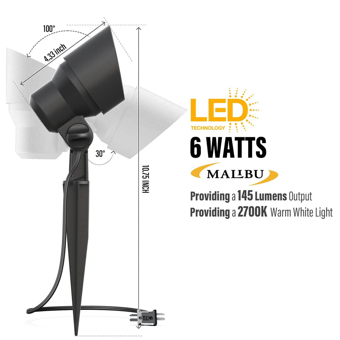 Malibu 6 Watt LED Floodlight, Landscape Lighting Outdoor Spotlight Waterproof Lighting for Driveway, Yard, Lawn, Flood, Garden, Outdoor Lighting