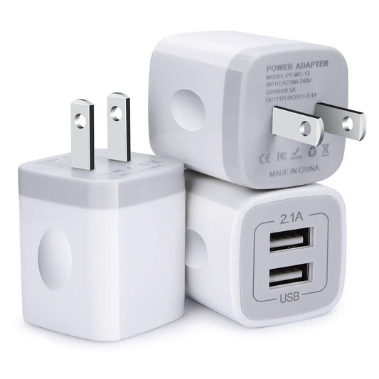 FiveBox Charger Block, USB Wall Charger, 3Pack Dual Port 2.1Amp Fast Charger Brick Base Adapter Charging Cube Plug Box for iPhone 16e 16 Pro Max 15 14
