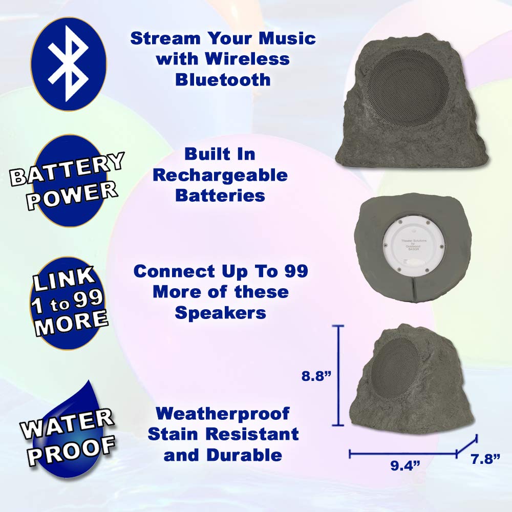 Theater Solutions B43GR Fully Wireless 120 Watt Rechargeable Battery Bluetooth Rock Speaker Pair Slate Grey Link Up to 99 Speakers Wirelessly