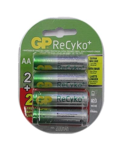 GP Recyko AA NiMH Pre-Charged Rechargable 1.2v 2100mAh 2 Batteries + 2 Free Total of 4 Batteries