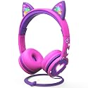 FosPower Kids Headphones with LED Cat Ears (85dB Safe Volume Limit), 3.5mm Soft On-Ear Wired Headphones with Tangle-Free Laced Cables
