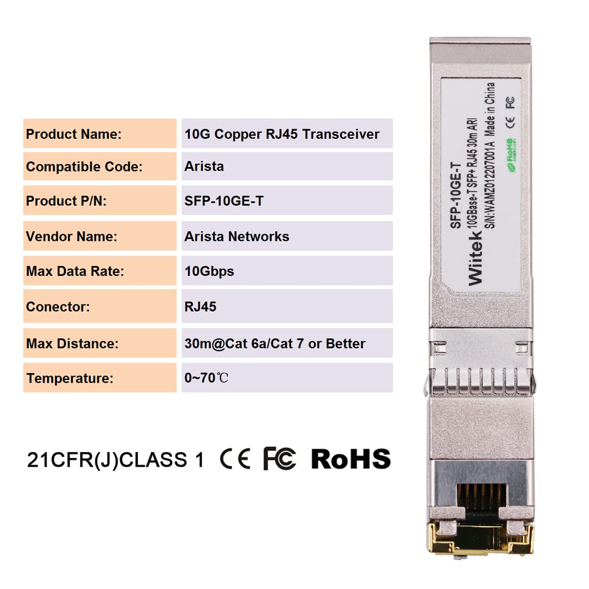 Wiitek 10G SFP+ to RJ45 Copper Modules, 1.25G/2.5G/5G/10GBase-T Ethernet Copper to SFP+ Transceiver Compatible for Arista SFP-10GE-T(Cat 6a/7 or