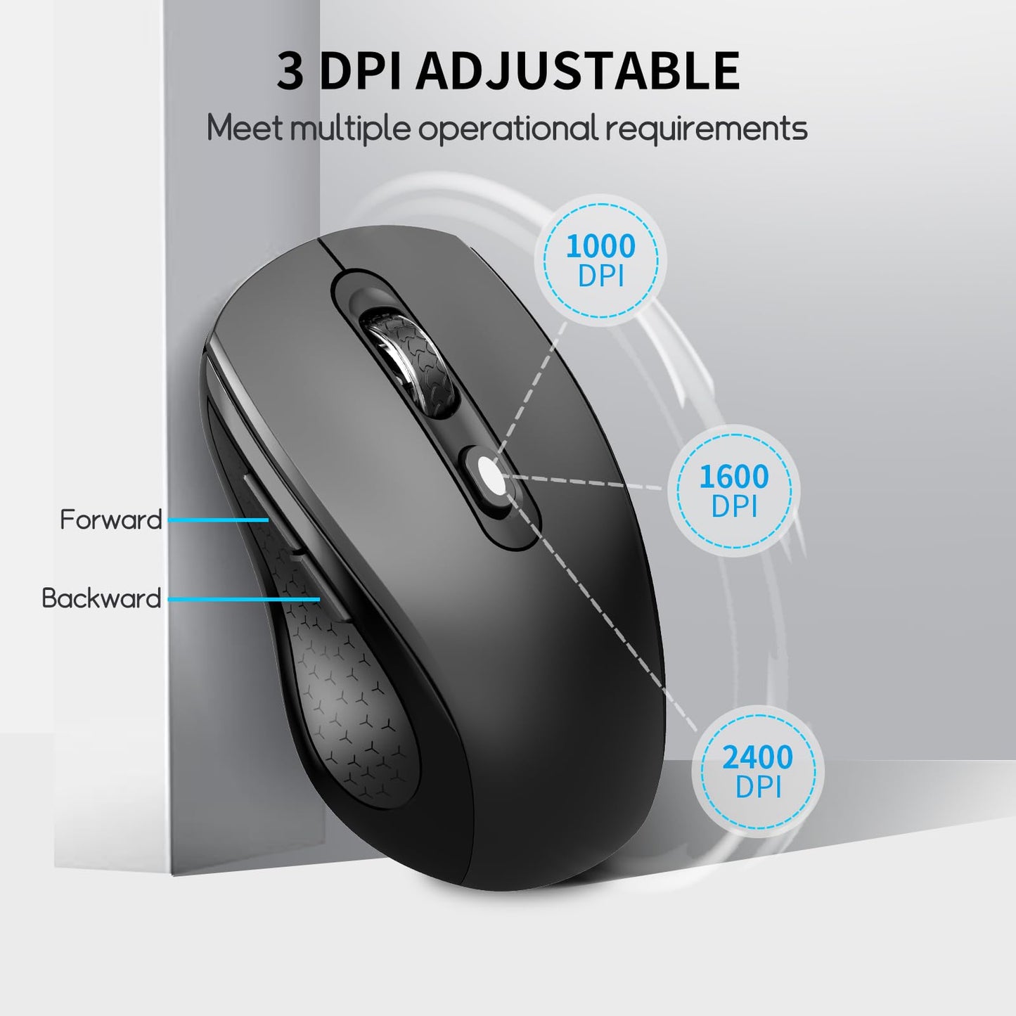 Wireless Mouse with Side Buttons for Laptop, PC, Chromebook, Mac, MacBook, Silent Mouse with USB Nano Receiver, 1000/1600/2400 DPI, Anti Slip Roller