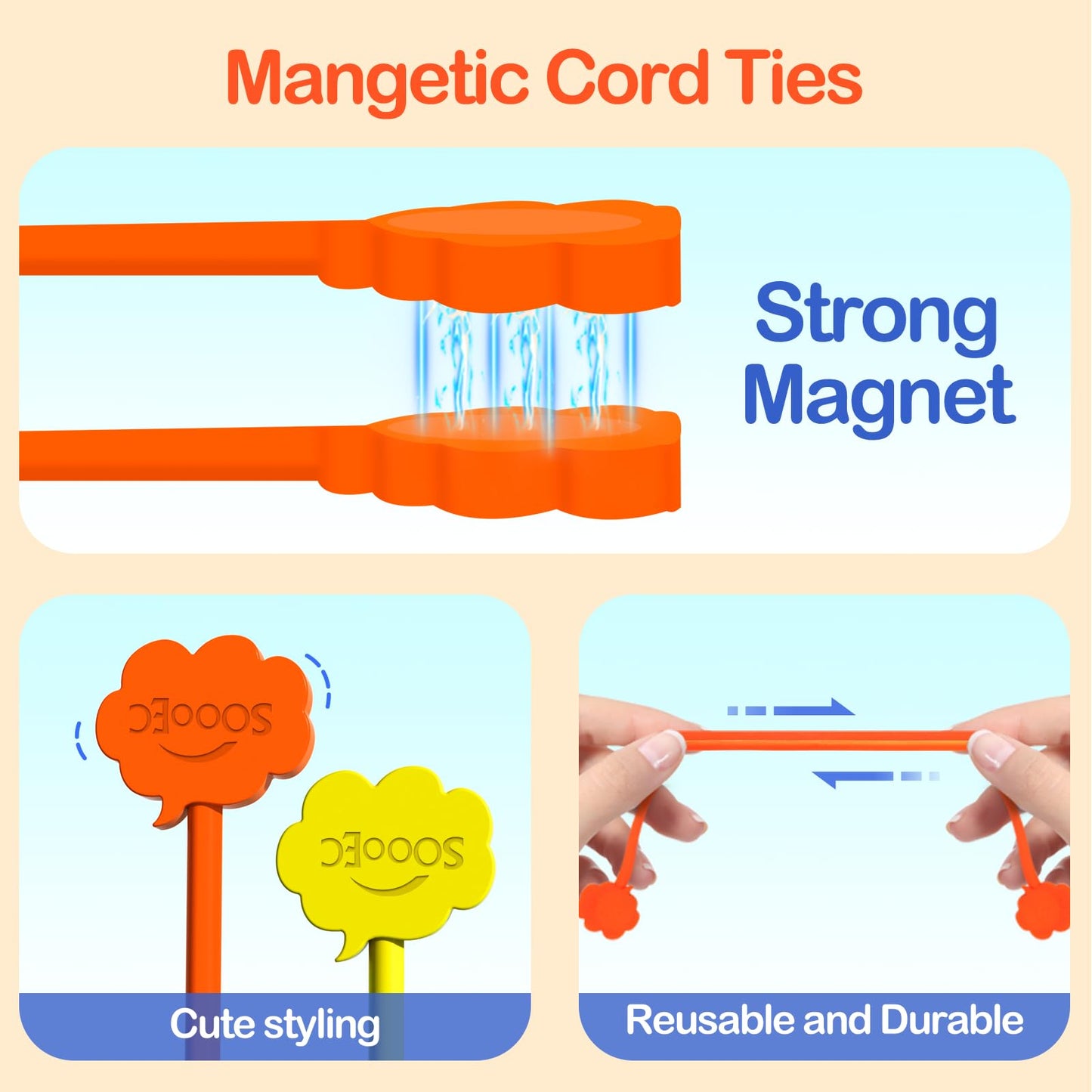 SOOOEC Magnetic Cable Ties, 24 Pack 7.2" Magnetic Cord Organizer Cute Cloud Design, Reusable Silicone Twist Ties with Strong Magnet for Bundling