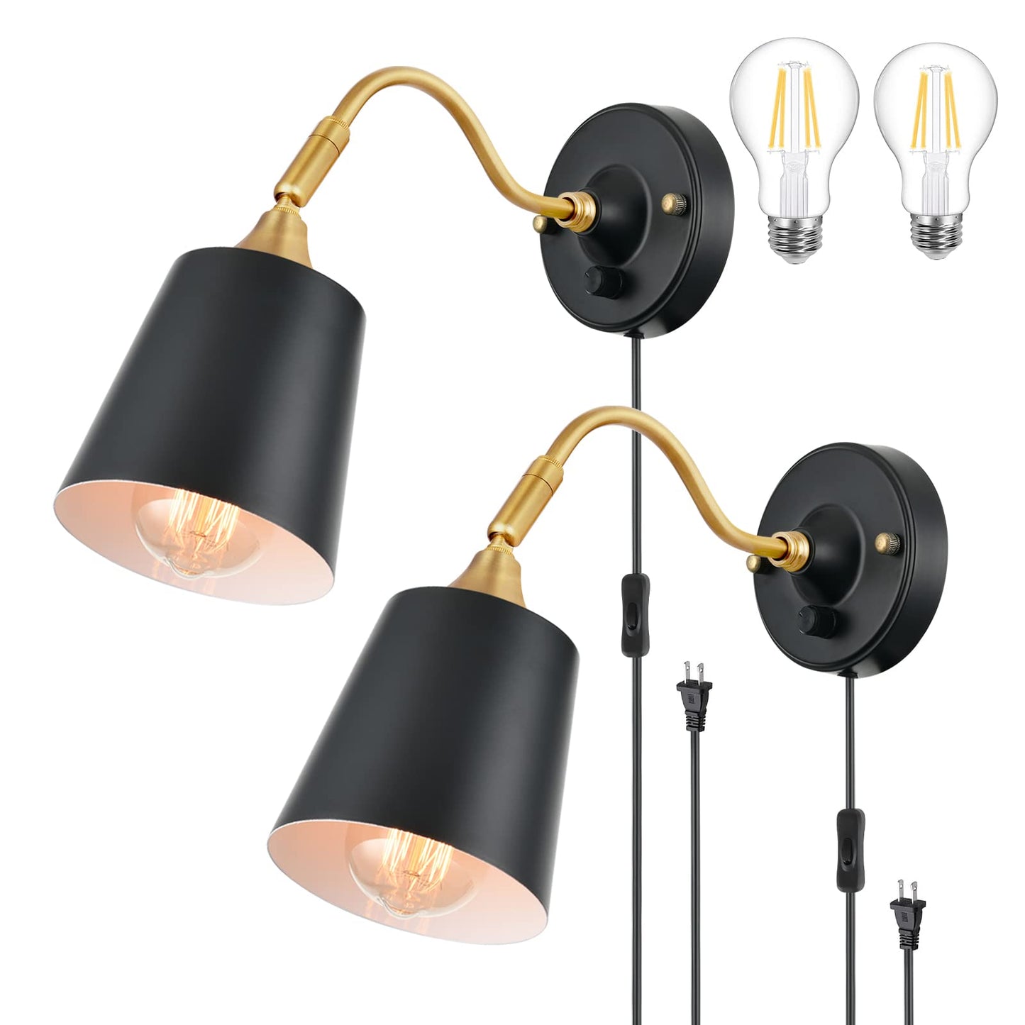TRLIFE Wall Sconces Plug in, Dimmable Wall Lights with Plug in Cord Adjustable Lighting Angle Wall Mounted Light with On/Off Rotary Switch