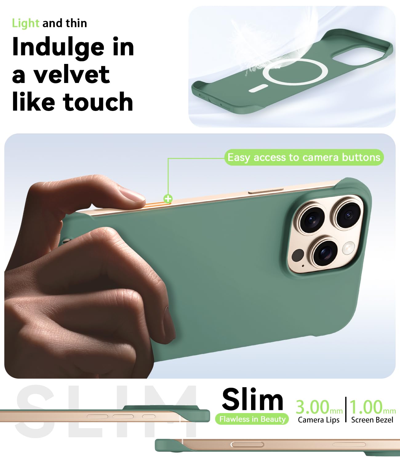 GRECAZO Magnetic Slim Frameless Case for iPhone 16 Pro Max, Dark Green