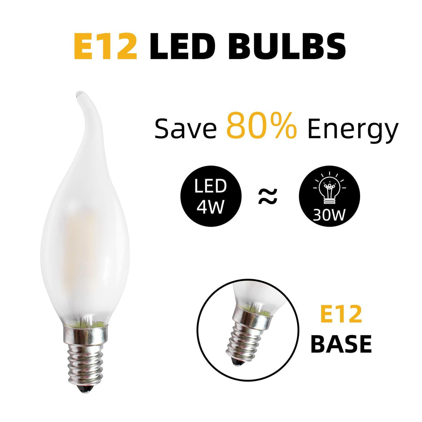 MZyoyo 10 Pack Candelabra LED Bulb, Dimmable E12 Candle Bulbs, 4W Chandelier Light Bulbs, BA11 Flame Shape Bent Tip, 4 Watt LED Light Bulb, 2700K Warm
