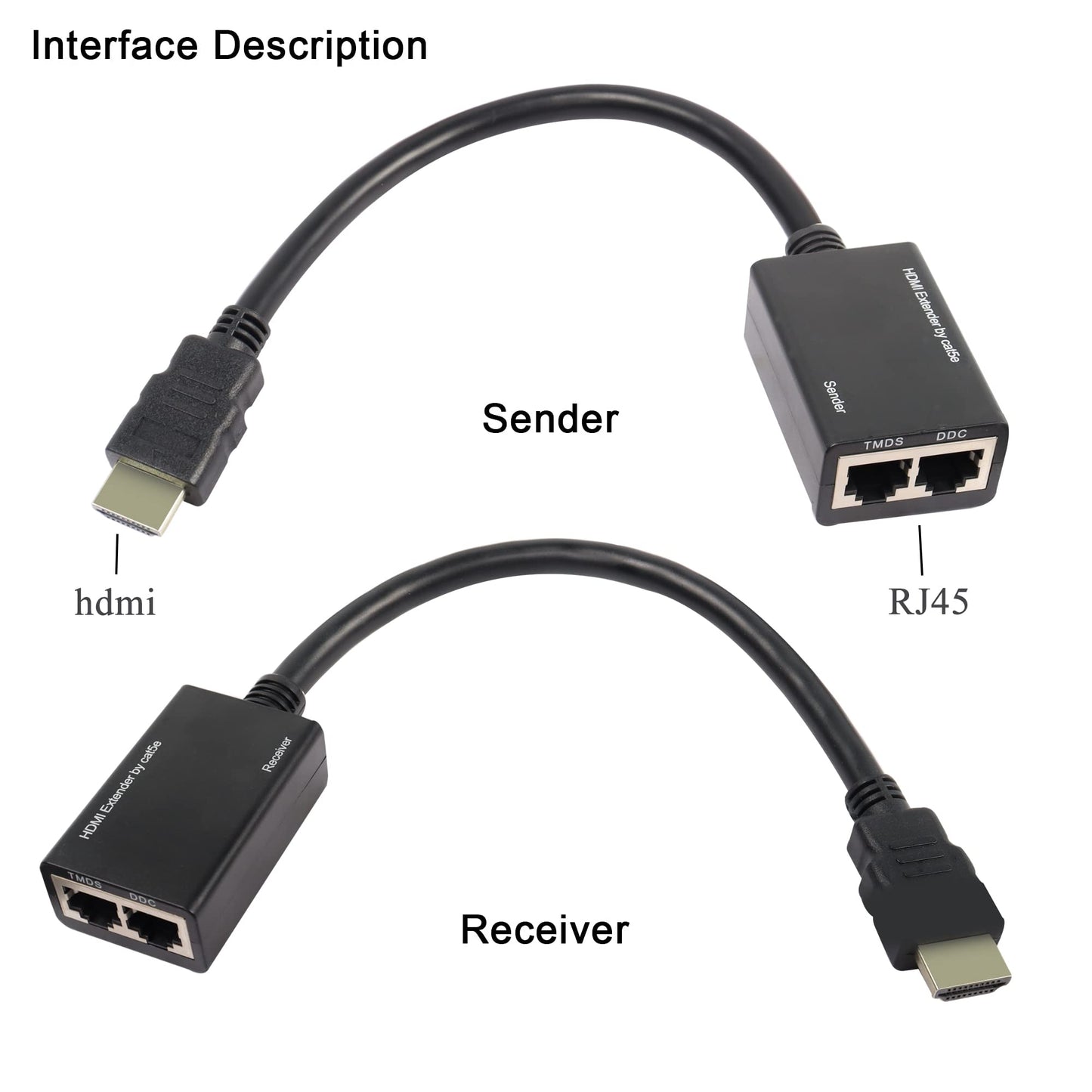 QIANRENON HDMI Extender Over Cat5e, RJ45 Ethernet to HDMI Cable 2 Ports Signal Amplifier 100ft 1080P HDMI Cable 30M Sender+Receiver, 2 Ports RJ45