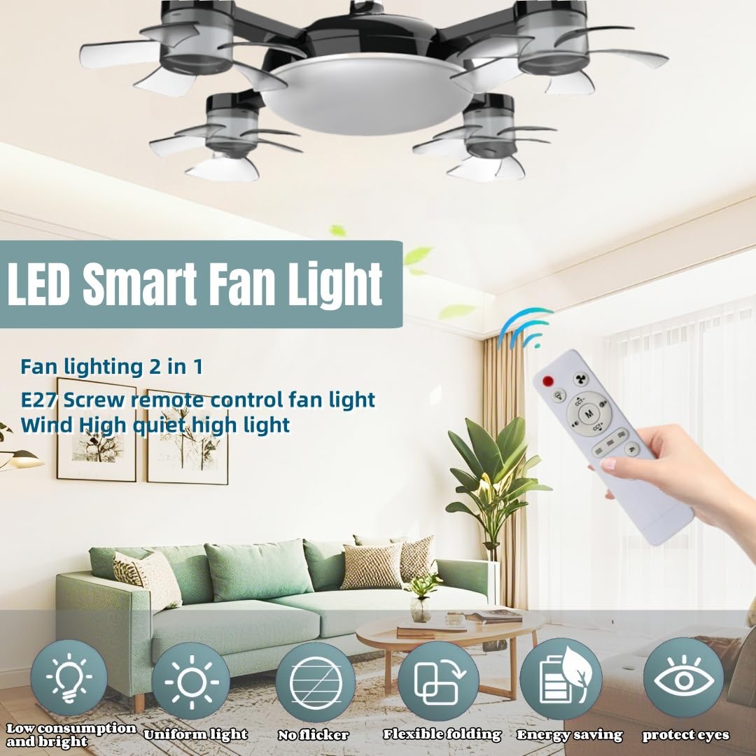 Screw In Ceiling Fan with Light Socket Remote Control, 2-in-1 Foldable Light Socket Fan with LED , 3-Speed Wind, Adjustable Brightness, Easy