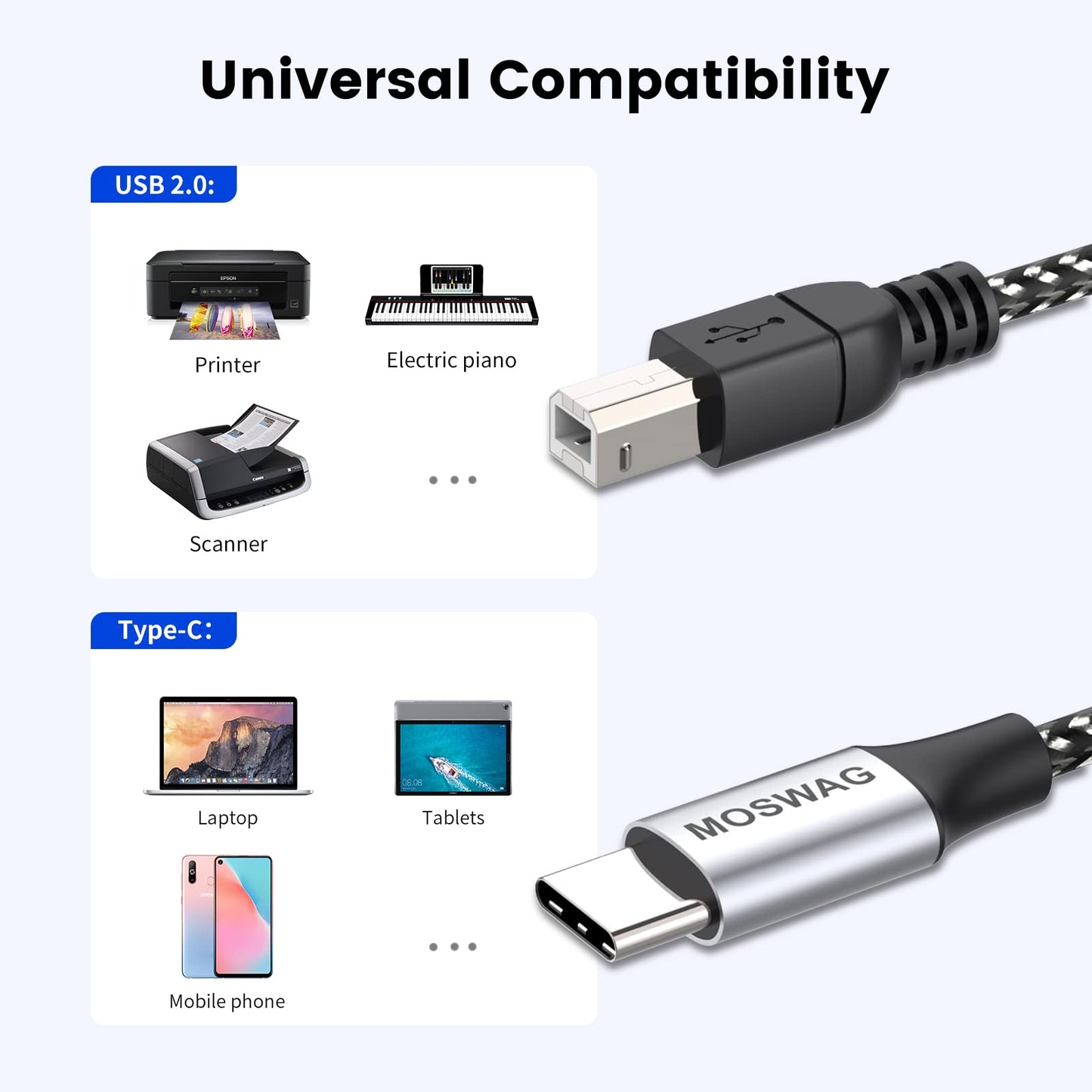 MOSWAG USB B to USB C Printer Cable 6.6FT, Nylon Braided USB B to C Cord for MacBook Pro, HP, Epson, Canon, Brother, Lexmark, Xerox Printers