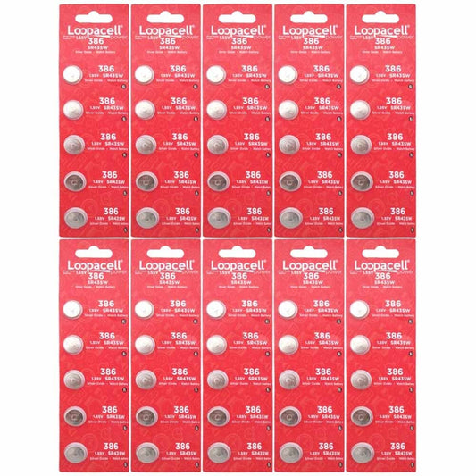 LOOPACELL 386/301 (SR43/W/SW) 1.55V Silver Oxide Watch Battery (50 Batteries)