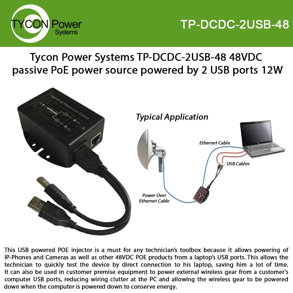 Tycon Systems TP-DCDC-2USB-48 USB Powered 24V Passive POE Inserter - 48V DC