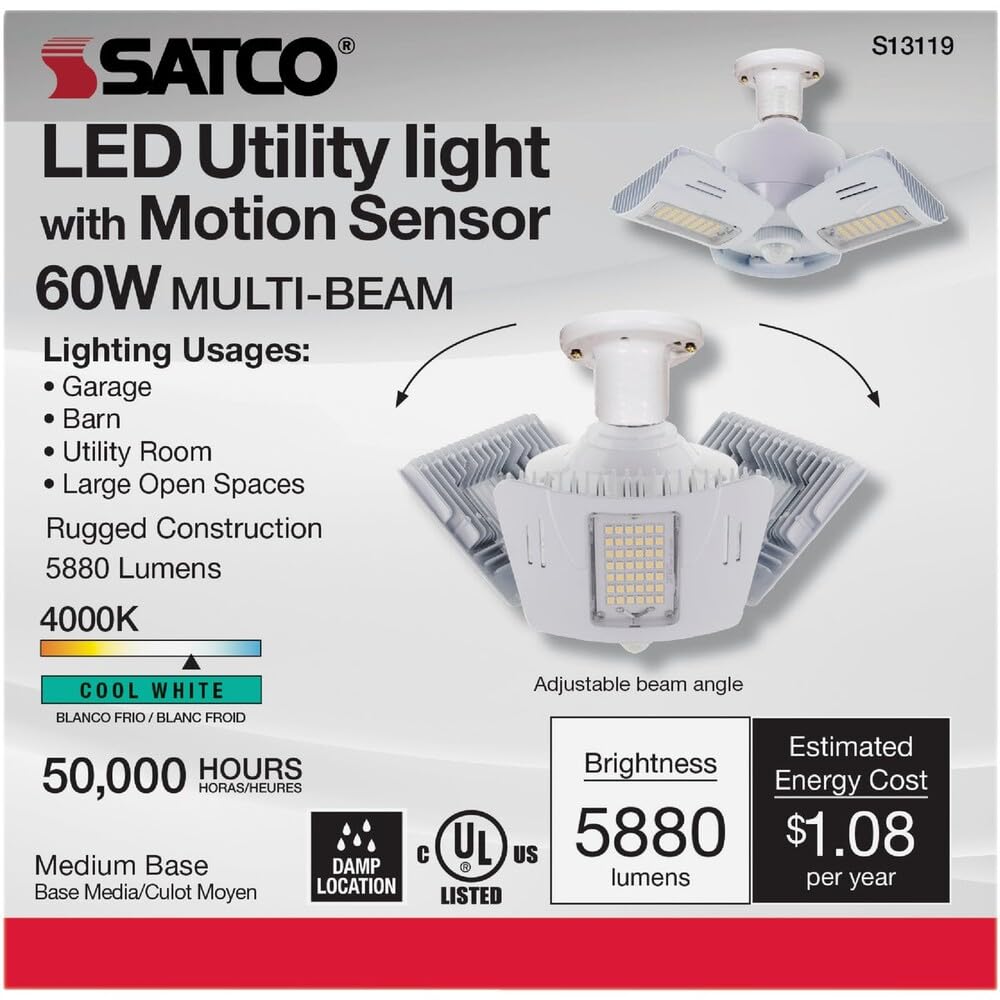 Satco Wide Surface E26 (Medium) Smart-Enabled LED Motion Sensor Utility Light Cool White 60 Watt Equ