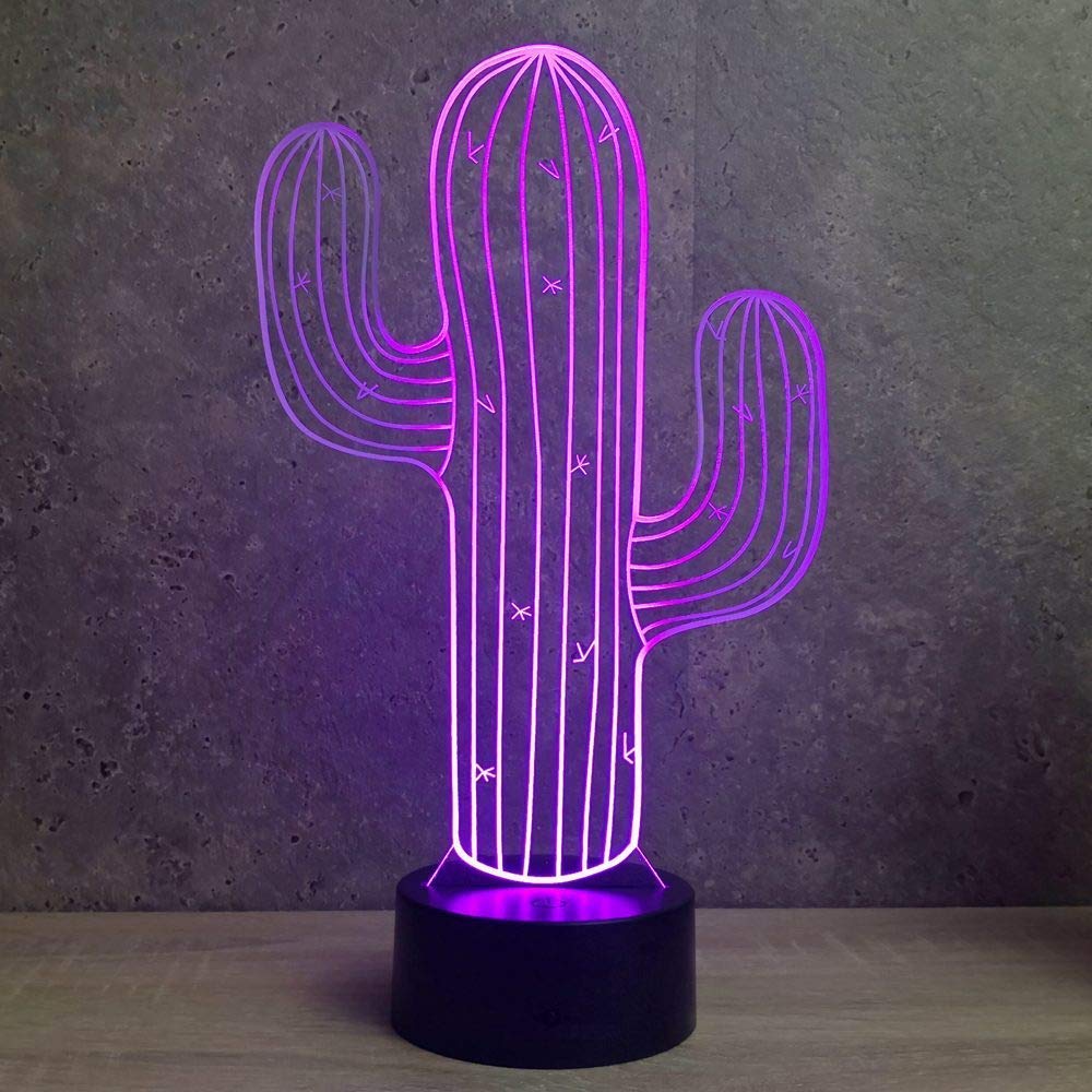 Jinnwell 3D Cactus Flower Night Light Lamp Illusion Led 7 Color Changing Touch Switch Table Desk Decoration Lamps Gift with Acrylic Flat ABS Base USB