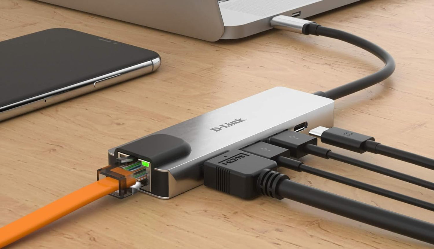 D-Link DUB-M520 5-in-1 USB-C Hub with Power Delivery, HDMI 1.4, Gigabit Ethernet RJ-45 and 2 USB 3.0 Ports for MacBook Pro 2016 or Later, MacBook Air