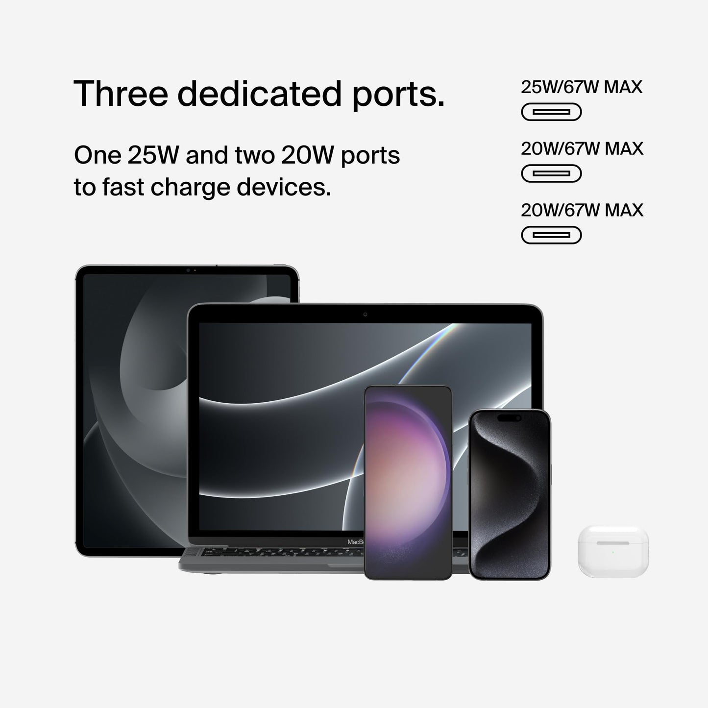 Belkin 3-Port USB C Charger Block 67W - PPS, USB-C PD 3.1 Enabled Fast Charging Charger for iPhone 17, MacBook Pro, AirPods, Samsung Galaxy S25