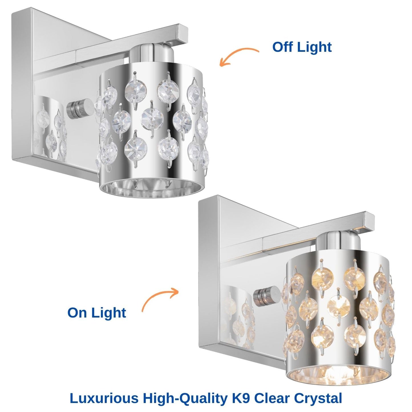 CRAFTRONOS 2-Pack Chrome Finish Wall Sconces, Hardware Decor Set of 2 Modern Vanity Lights, Metal Shade in K9 Crystal Clear Glass for Bathroom Mirror