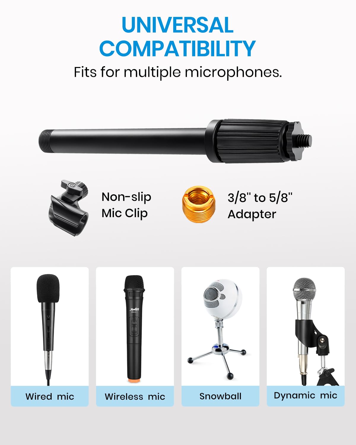 Moukey Mic Stand Desk Adjustable Tabletop Microphone Stand with Non-Slip Mic Clip, Short Table Mic Stand with Gear Fixing, Boom Arm, 3/8" and 5/8"
