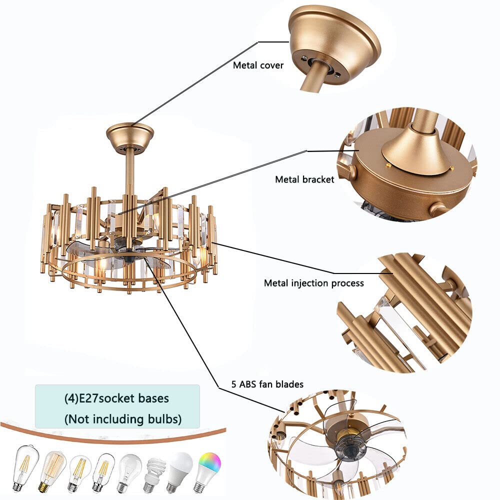 DRIKH 20" Ceiling Fan Light,Fixture Matte Gold Flush Mount Chandelier Lamp with Remote Control 3-Speed Wind Speed for Living Room Dining Room Bedroom