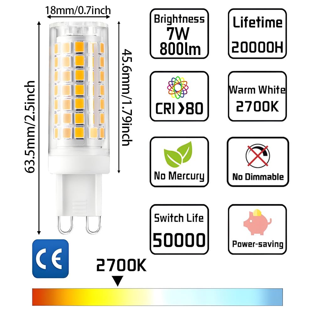 Geminilite G9 LED Bulbs 7W G9 Bi-Pin Base 70W Halogen Bulbs Equivalent Warm White 2700K 800lm T4 Lamp Bulb, Non-Flicker, Non-Dimmable 360°Beam