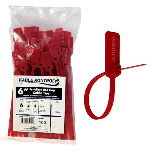 Kable Kontrol Serialized Flag Numbered Cable Zip Ties, 6 Inch 100 Pcs High Strength Nylon, UV & Weather Resistant, Tamper-Resistant with Large ID Tag