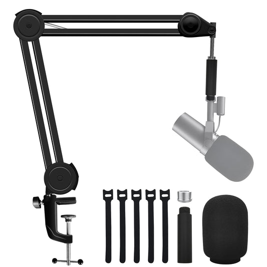 Boseen Boom Mic Arm Stand for SM7B with SM7B Pop Filter, Upgraded Adjustable Suspension Scissor Mic Stand Desk Mount with Extension Tube for Video