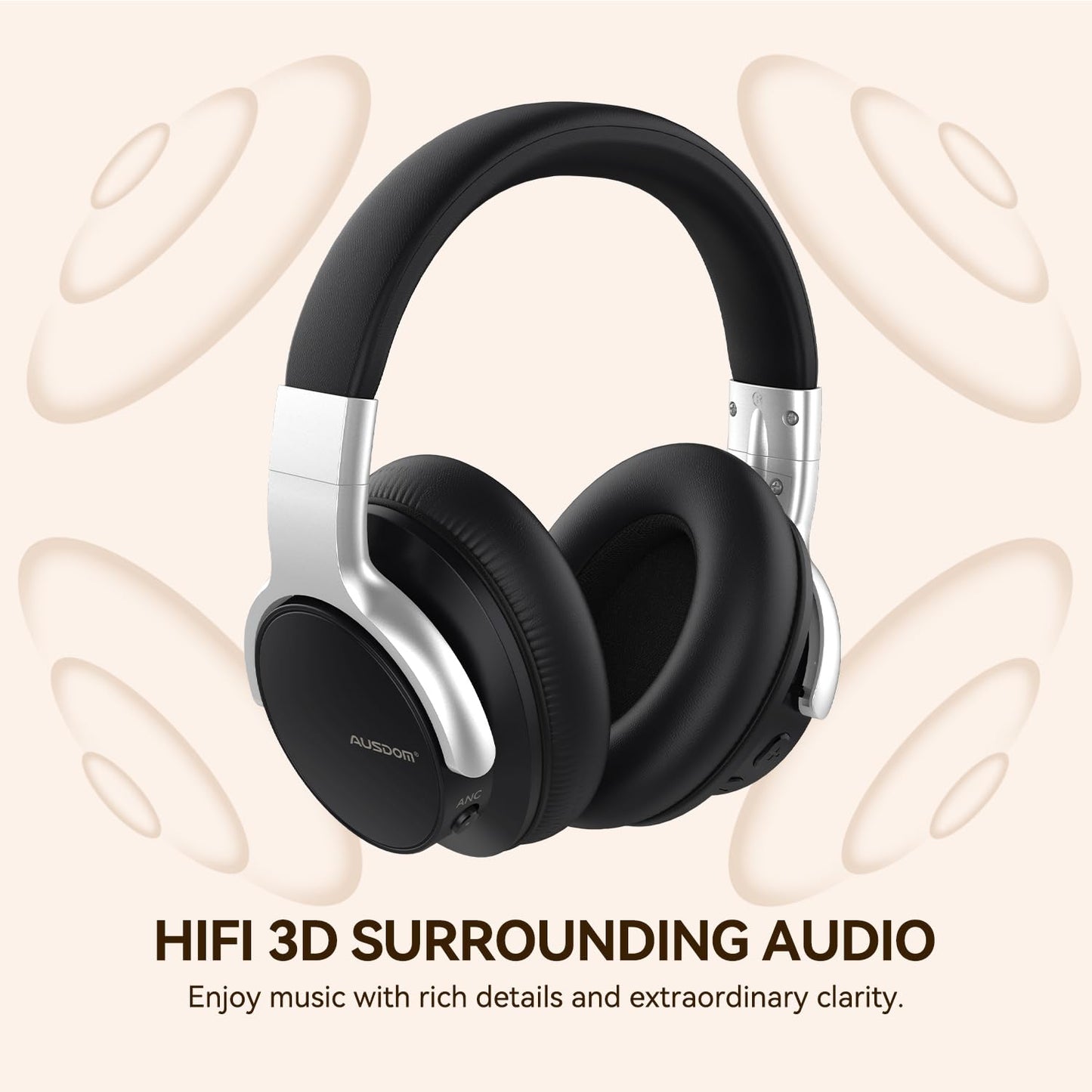 AUSDOM Bluetooth Noise Cancelling Headphones: E7 Wireless Over Ear ANC Headphones with Microphone, 50H Playtime, Hi-Fi Sound, USB C Charge…
