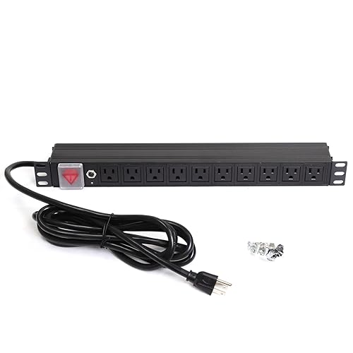 Aeons 1U 19" Rack Mount Server Network PDU Power Strip, 10 Right Angle Outlets 15A Switch, Overload Protector, 10ft Power Cord, Rackmount Metal Slim